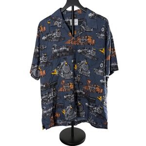 David Carey Originals Mens Large Train Steam Locomotive Camp Shirt Navy Blue L